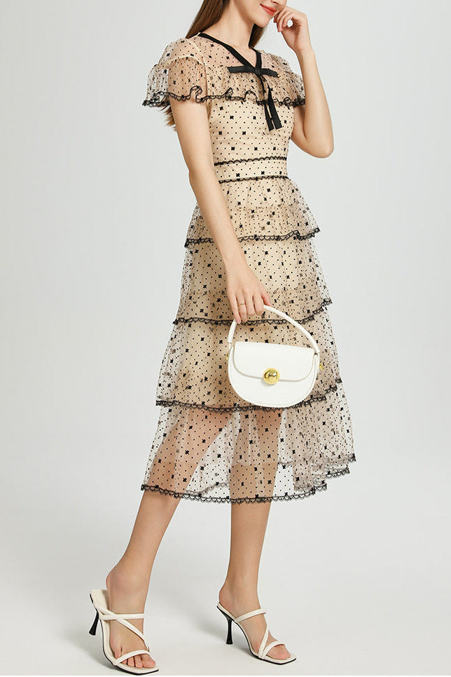 FLORAL EMBROIDERY PLEATED MESH MIDI DRESS APRICOT