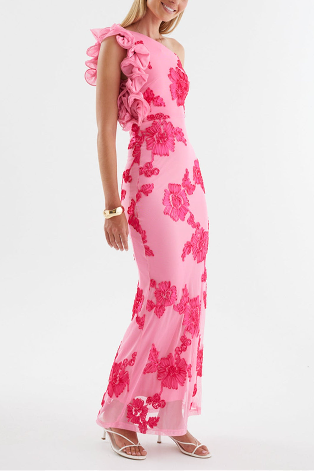 BODYCON PINK ONE-SHOULDER 3D FLOWER MAXI DRESS