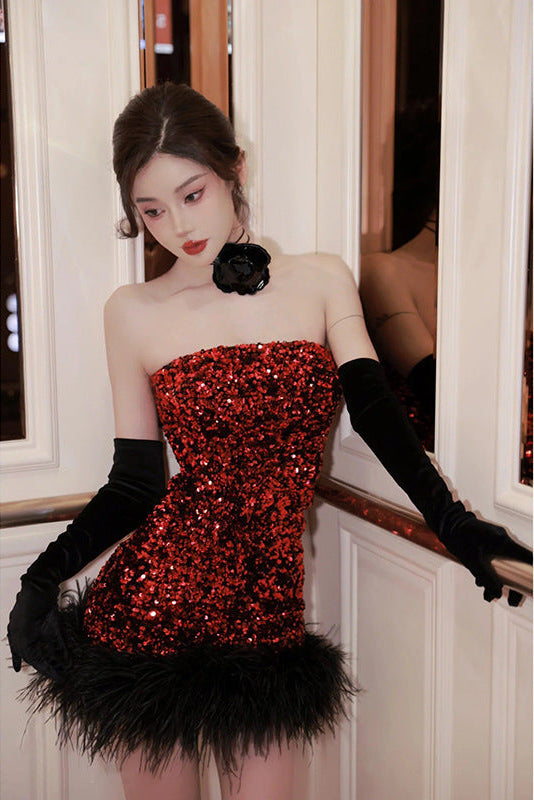 QUINTINA RED SEQUIN FEATHER STRAPLESS PARTY MINI DRESS