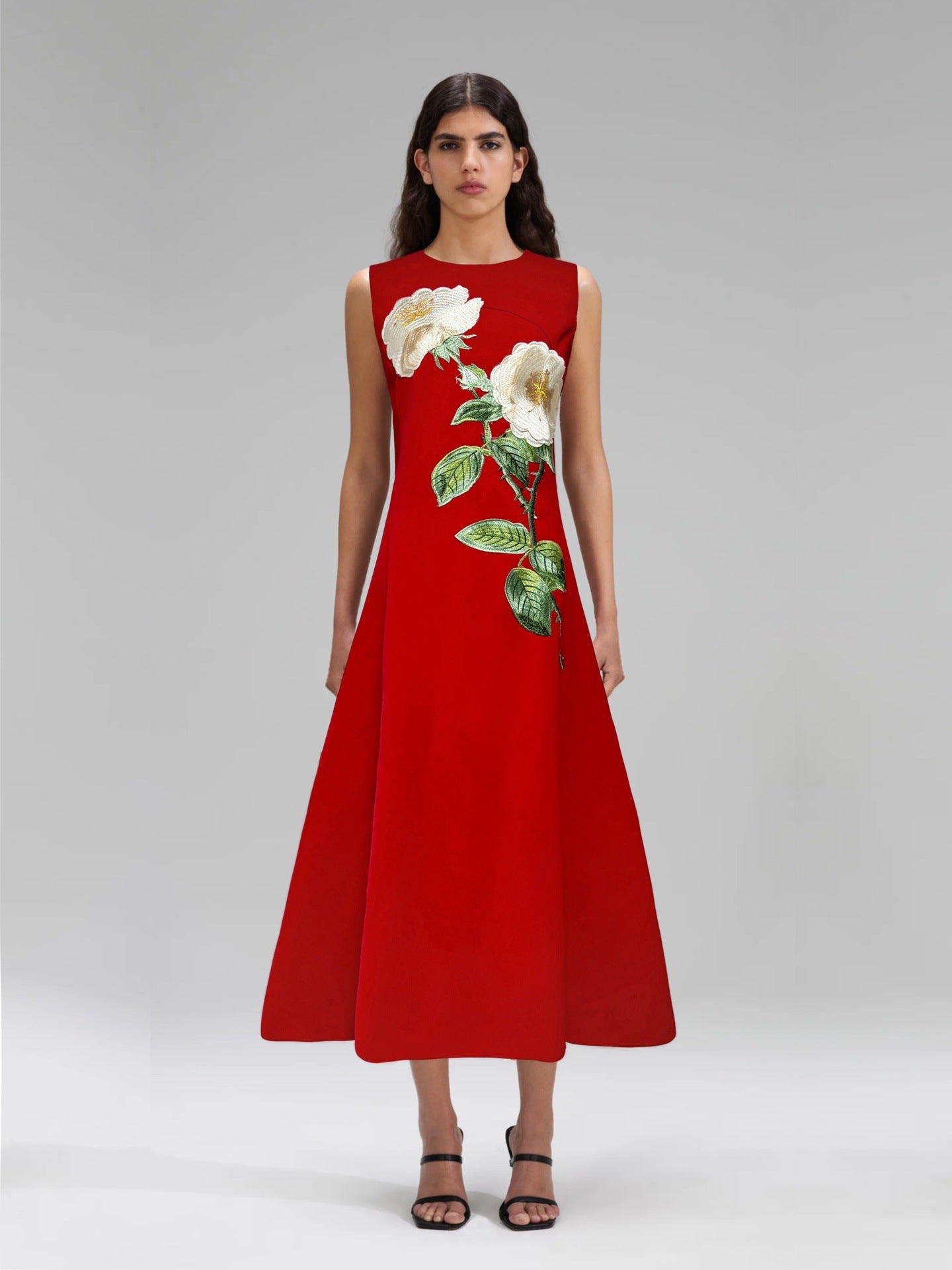 KATE FLORAL MIDI DRESS, BLACK SLEEVELESS EMBELLISHED