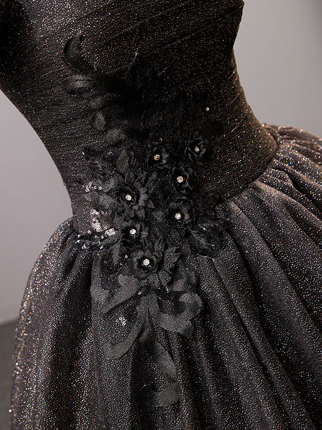 SHINY BLACK SQUARE NECK TULLE PROM GOWN