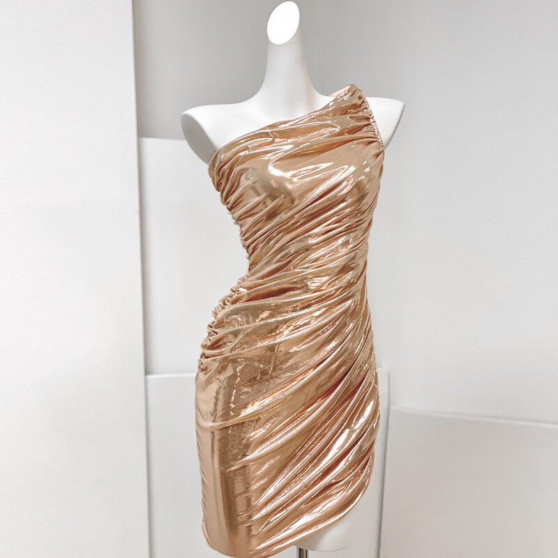 FREDERICA GOLD ONE-SHOULDER RUCHED BODYCON MINI DRESS
