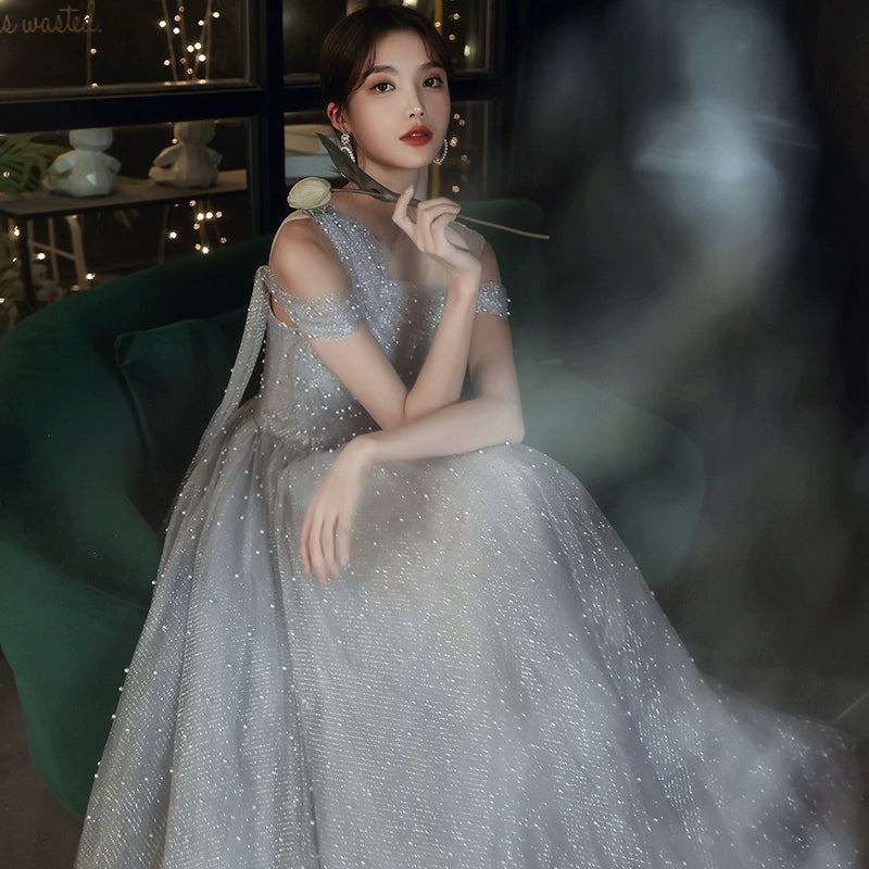 DUSTY BLUE ONE-SHOULDER PEARL MAXI EVENING GOWN