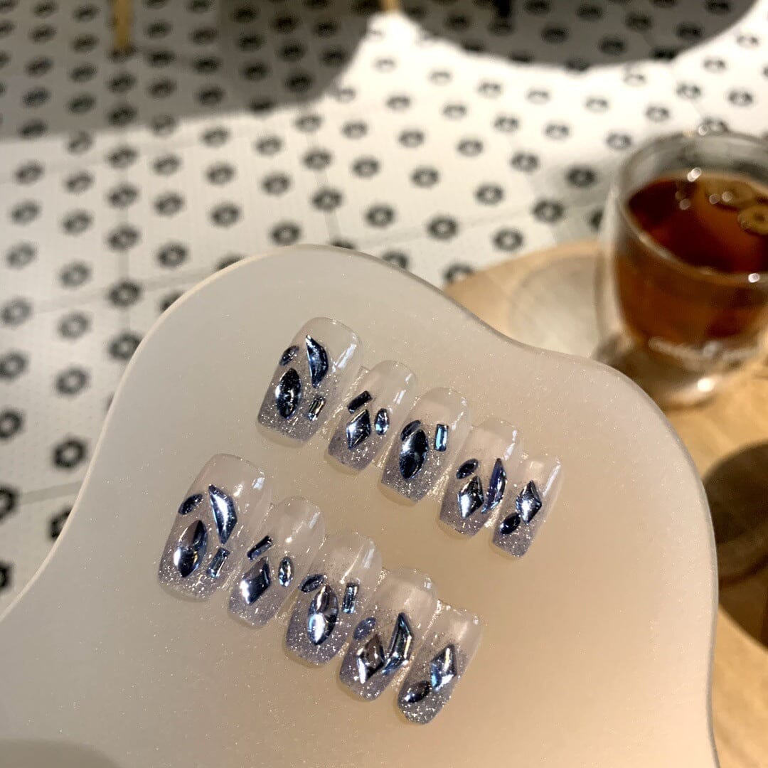 BLUE GLITTER PRESS ON NAILS, CRYSTAL PARTY STILETTO