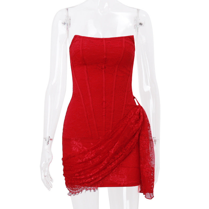 RED STRAPLESS LACE CORSET TUBE MINI DRESS FOR PARTY