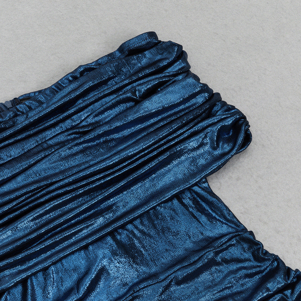 DARK BLUE OFF SHOULDER METALLIC RUCHED MAXI DRESS