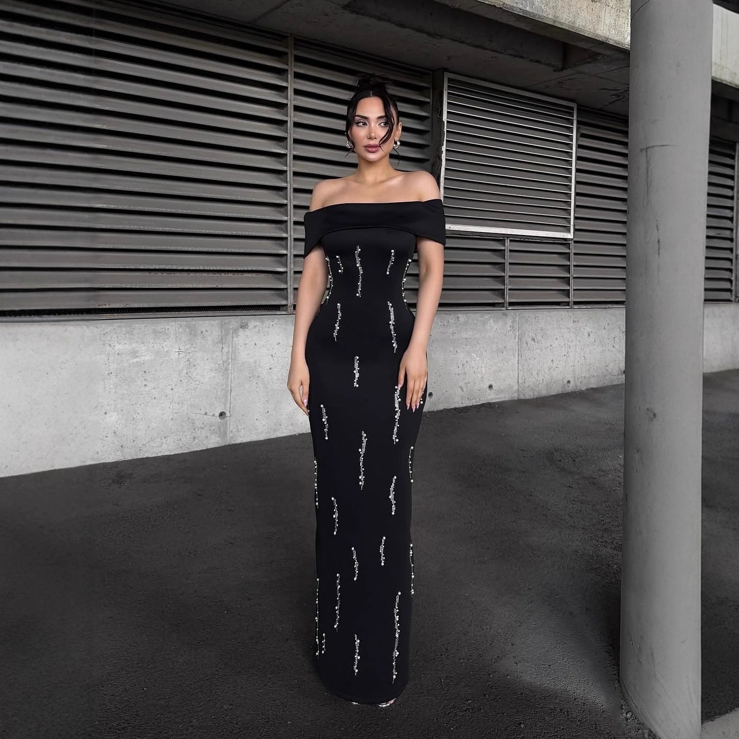 LAUREL OFF-SHOULDER RHINESTONE MAXI DRESS BLACK