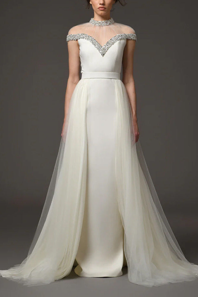 Mesh-paneled beaded rhinestone-embellished maxi dress - white