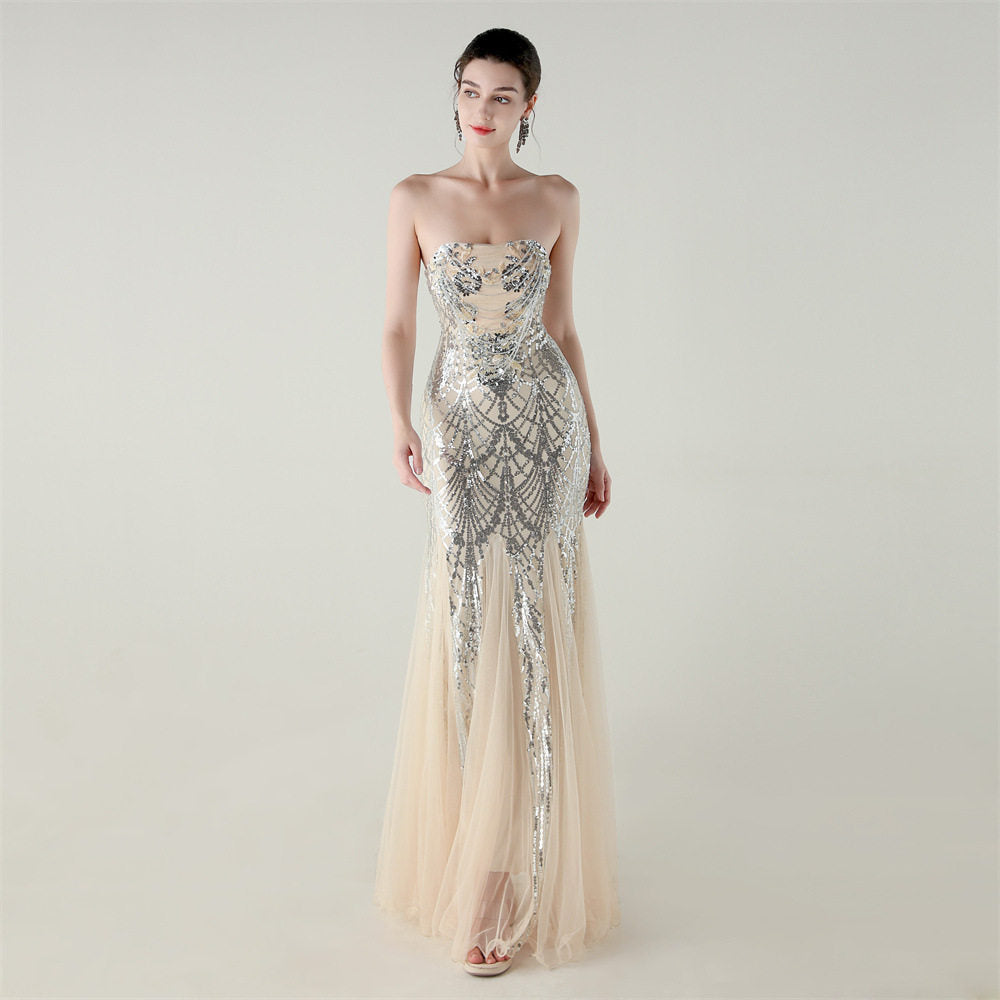 SEQUIN STRAPLESS TULLE MAXI DRESS FOR PARTY