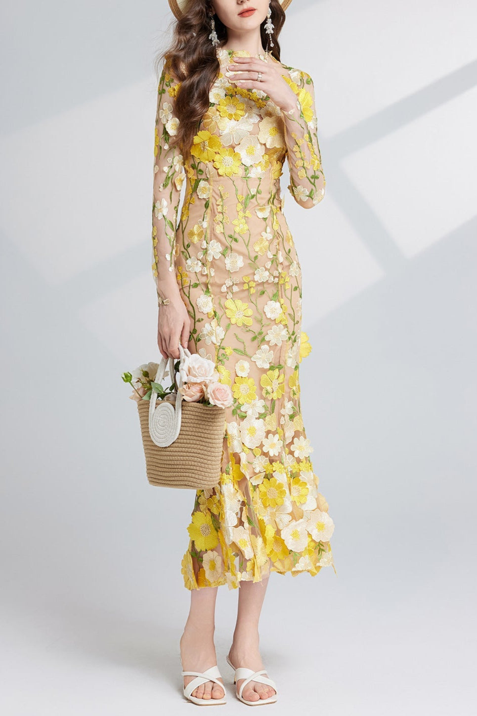 CAROL YELLOW FLORAL EMBROIDERY LONG SLEEVE MIDI DRESS