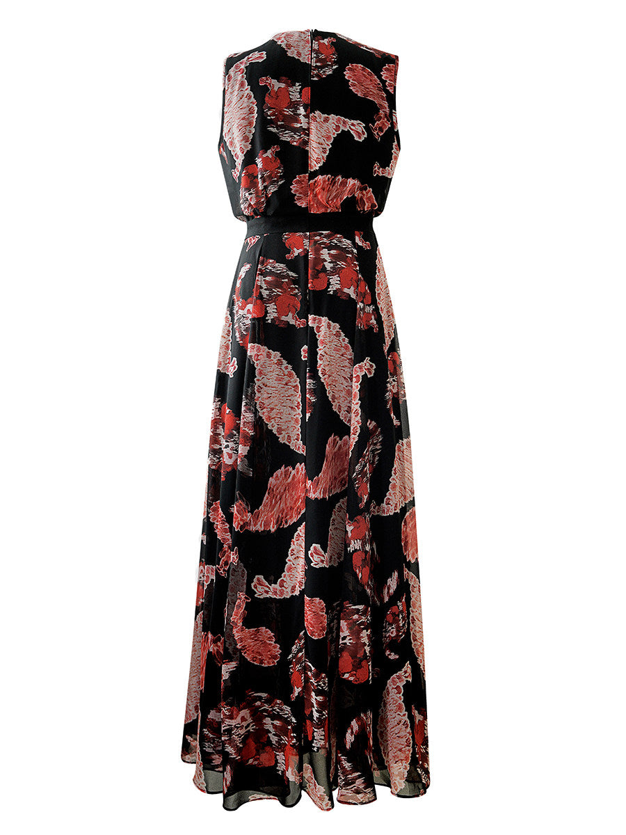BLACK PRINTED V-NECK SLEEVELESS MAXI DRESS CASUAL