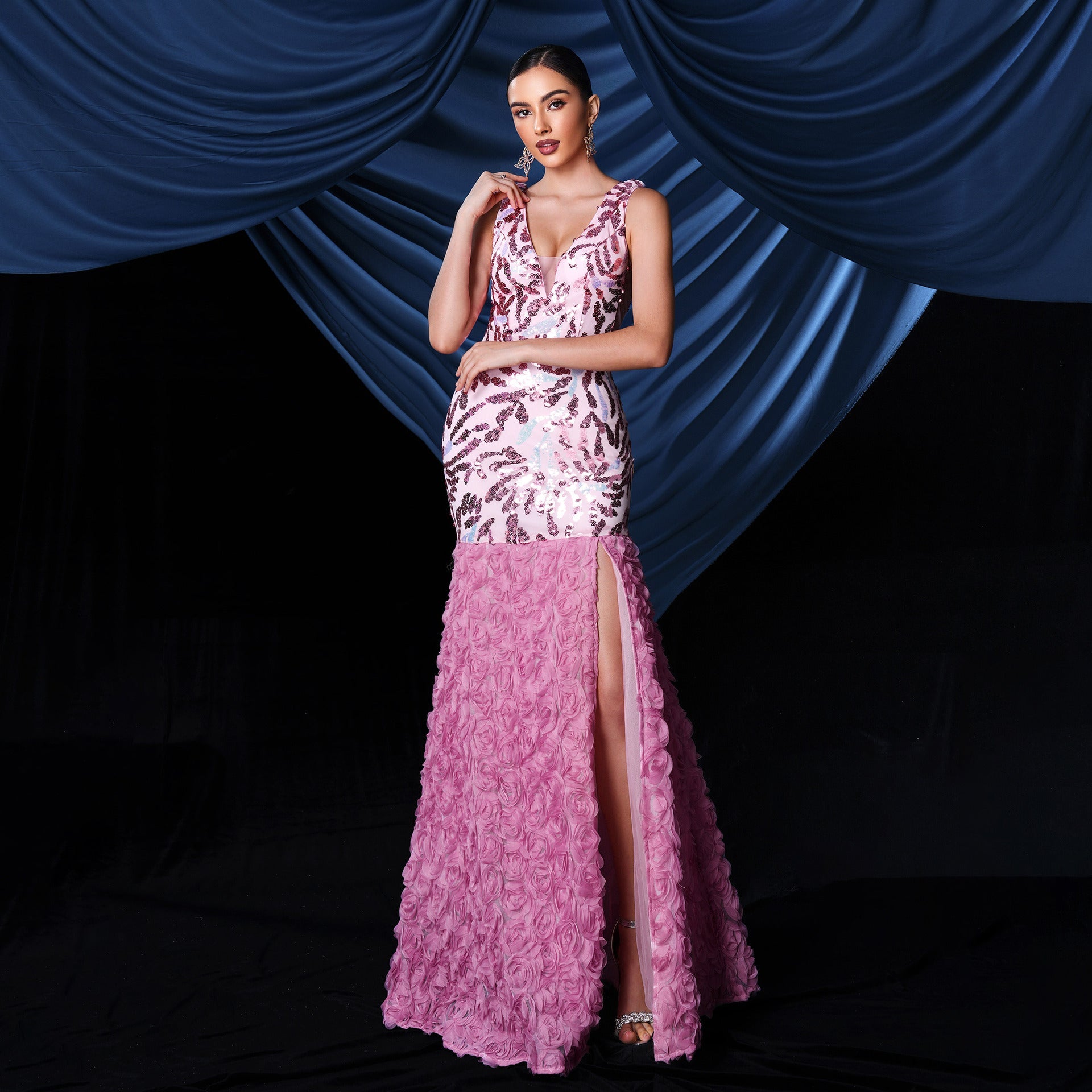 FLORAL SEQUIN SPLIT MAXI DRESS, PINK PARTY GOWN