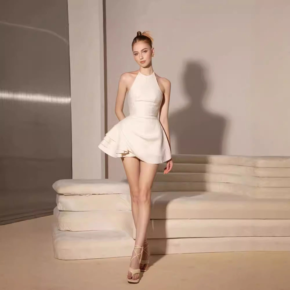 ELSA HALTER MINI DRESS, BEIGE, BACKLESS PLEATED PARTY