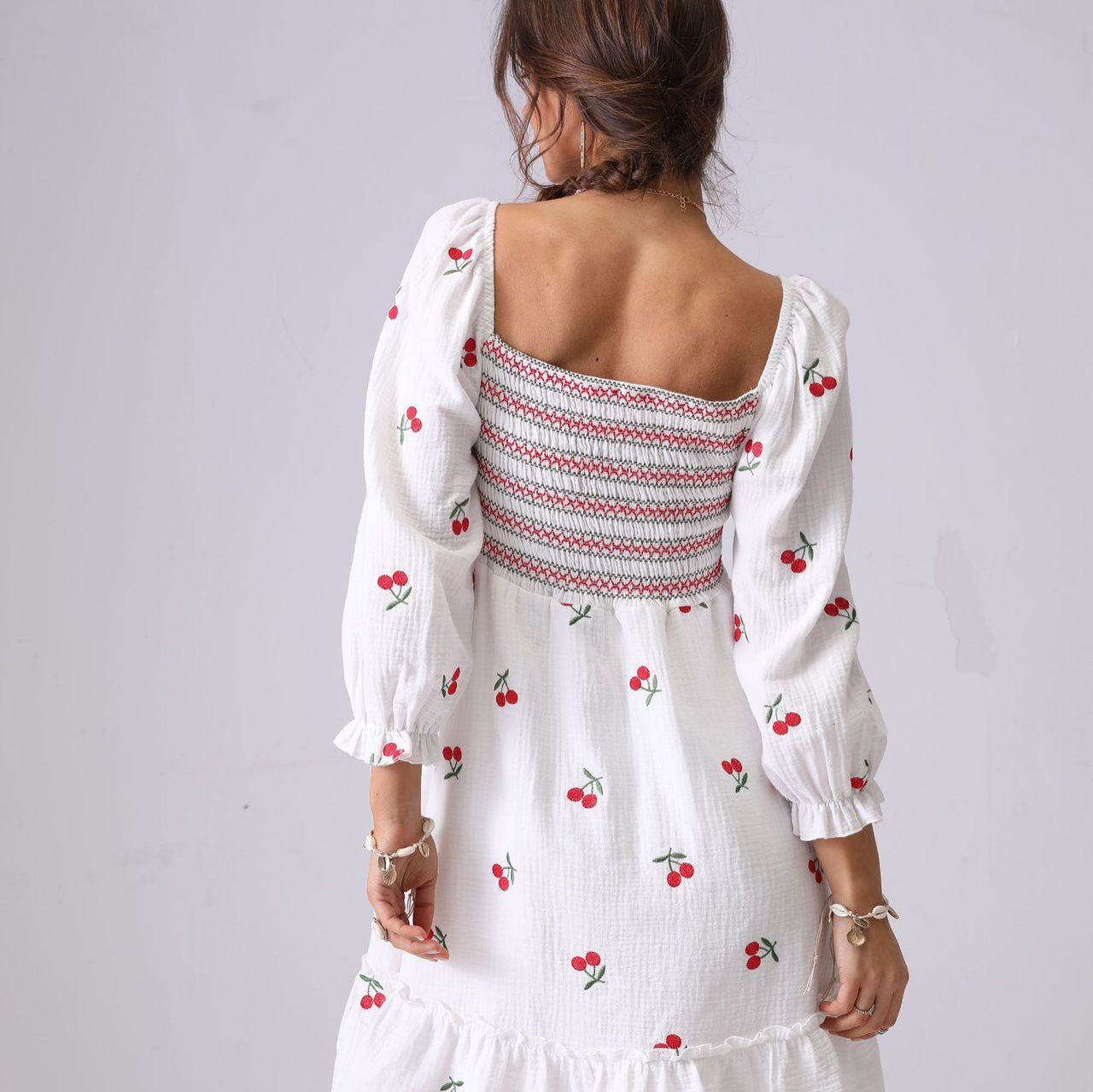 LONG SLEEVE GAUZE LOTUS SKIRT, OPEN BACK PRINTED MAXI