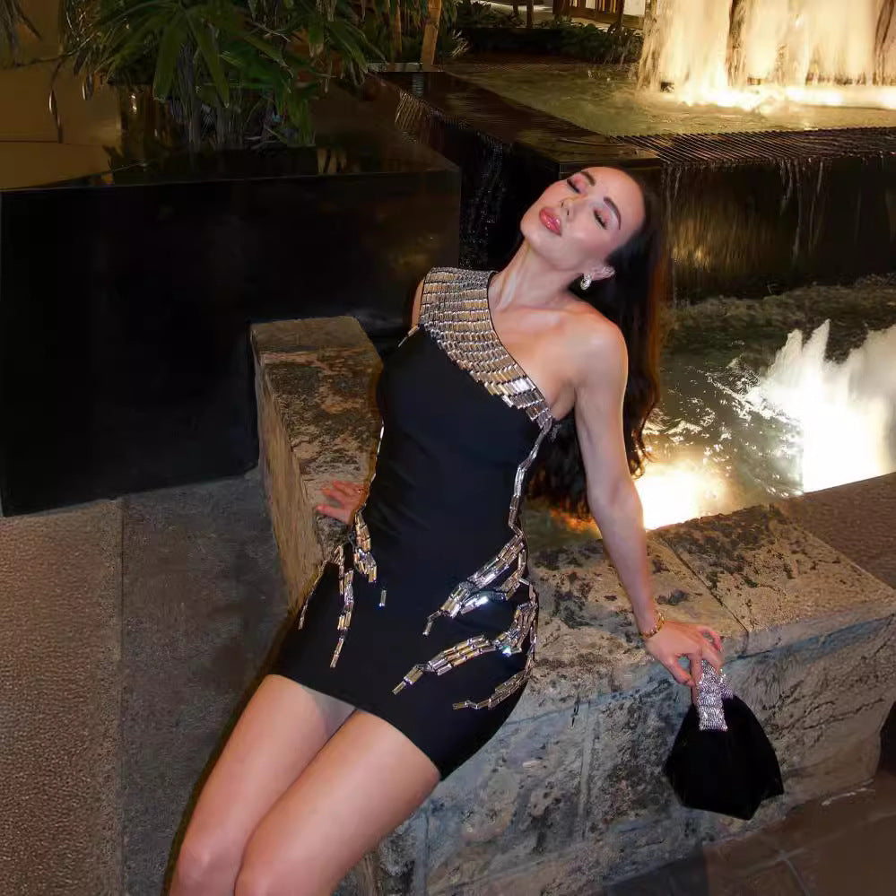 ONE SHOULDER RHINESTONE BLACK MINI COCKTAIL DRESS