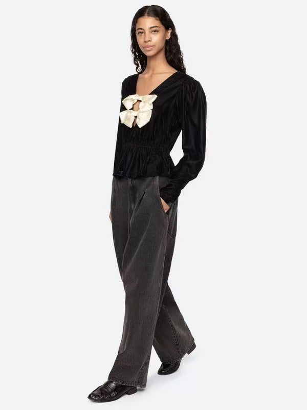 WALLIS BLACK VELVET V-NECK BOW TOP