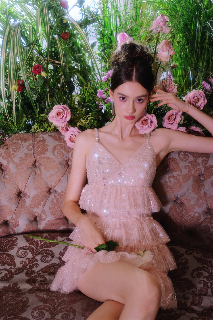 PINK SLEEVELESS SEQUIN RUFFLE SHORT PARTY DRESS
