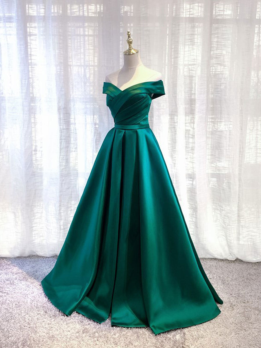 LUXE GREEN SATIN OFF-SHOULDER COCKTAIL DRESS