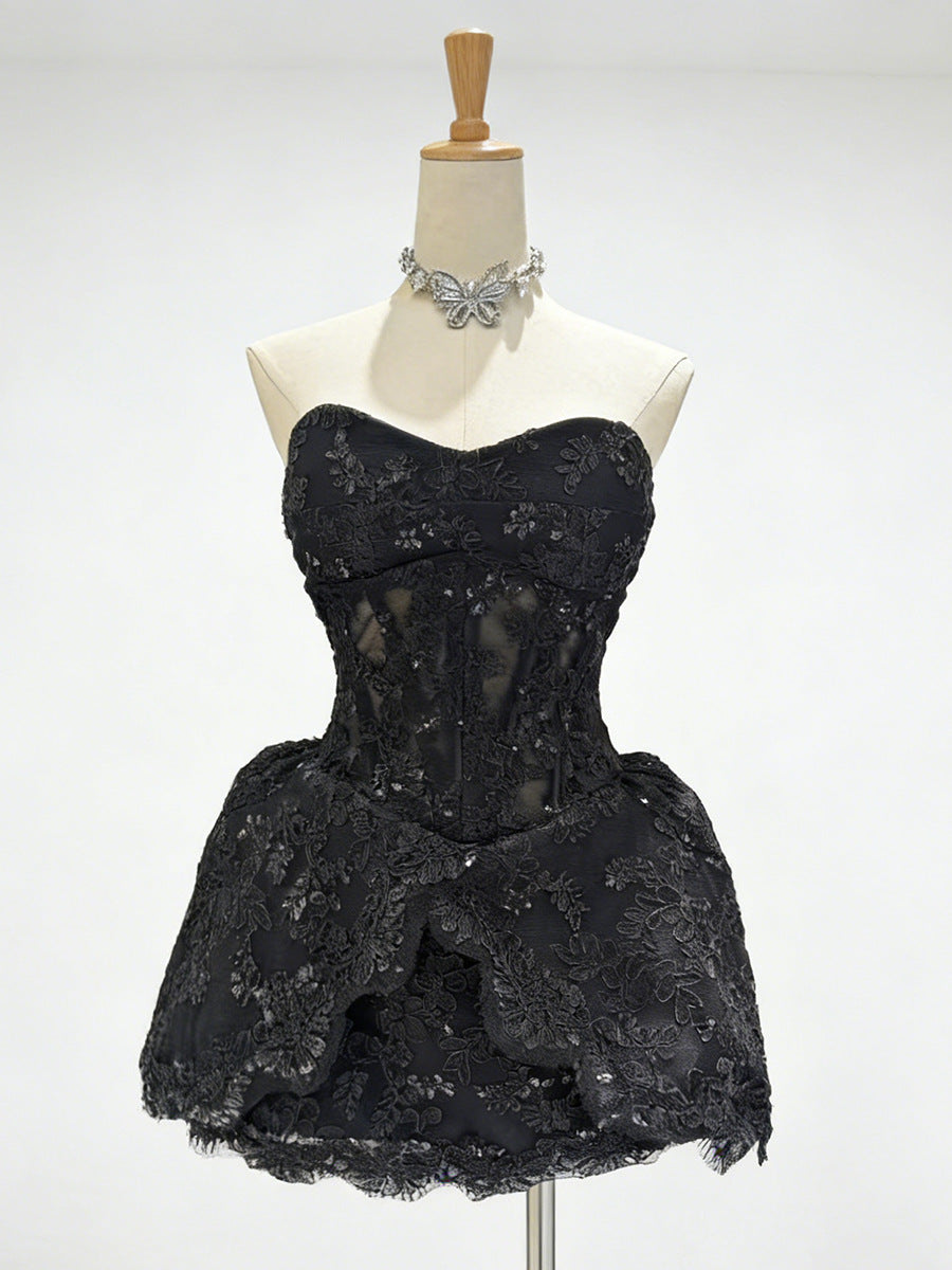LACE EMBROIDERED BANDEAU MINI DRESS FOR PARTY