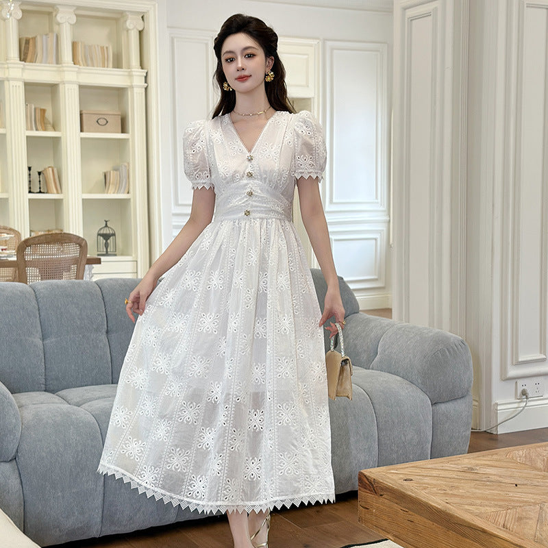 WHITE EYELET PUFF SLEEVE MIDI DRESS FOR SUMMER