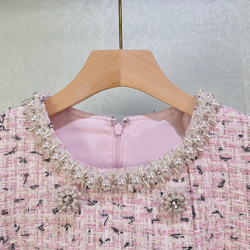 BEADED BOUCLÉ PINK MINI DRESS FOR PARTY