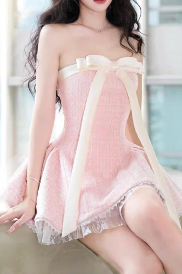BOW LACE TUBE TOP MINI DRESS PINK