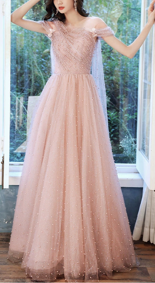 Pink one-shoulder pearl maxi evening dress Pink one-shoulder pearl maxi evening dress