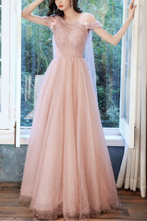 PINK ONE-SHOULDER PEARL MAXI EVENING GOWN