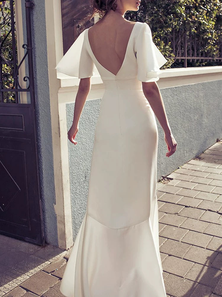 WHITE SATIN BACKLESS DRESS, FLARED SLEEVES V-NECK