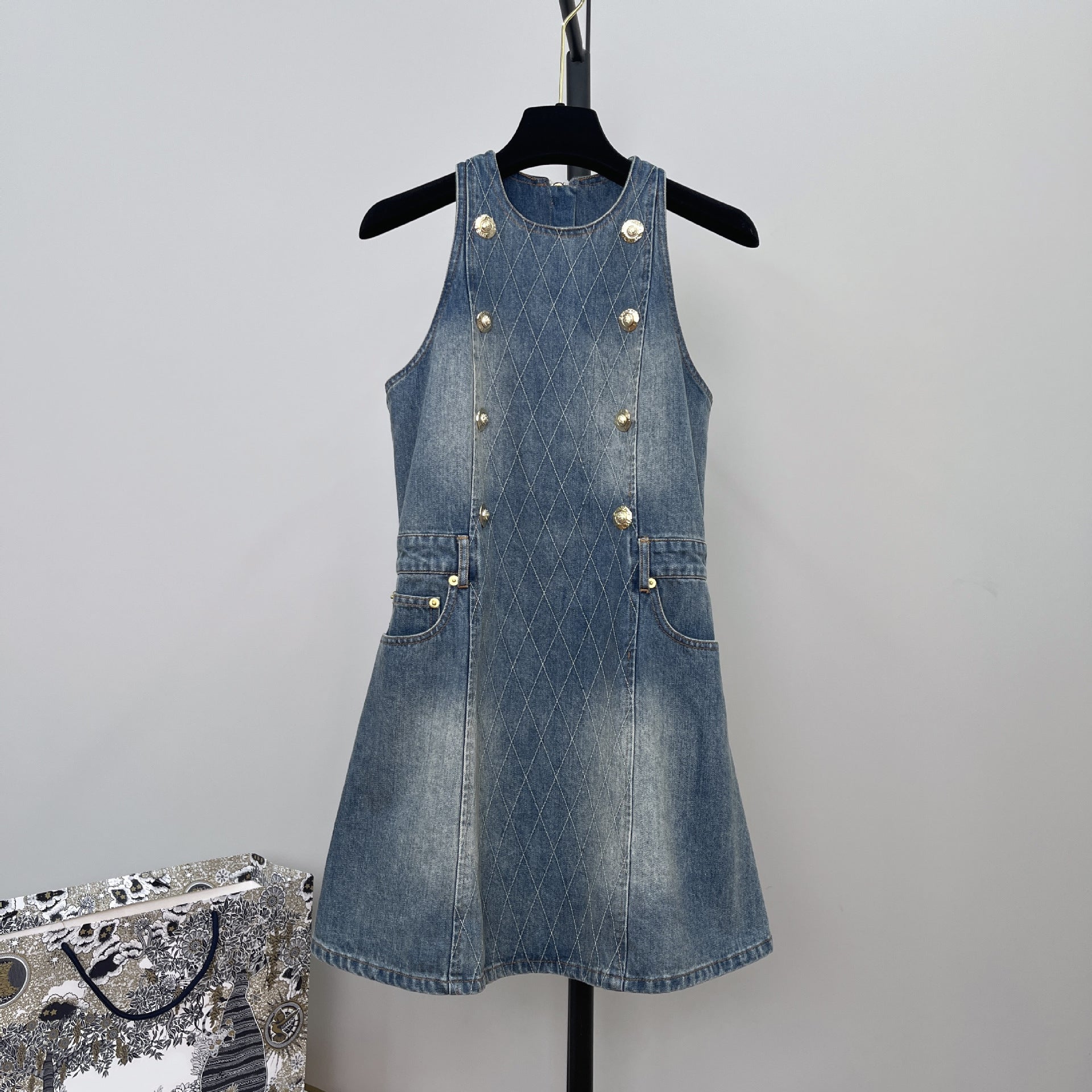 DENIM SLEEVELESS FLARED MINI DRESS FOR PARTY