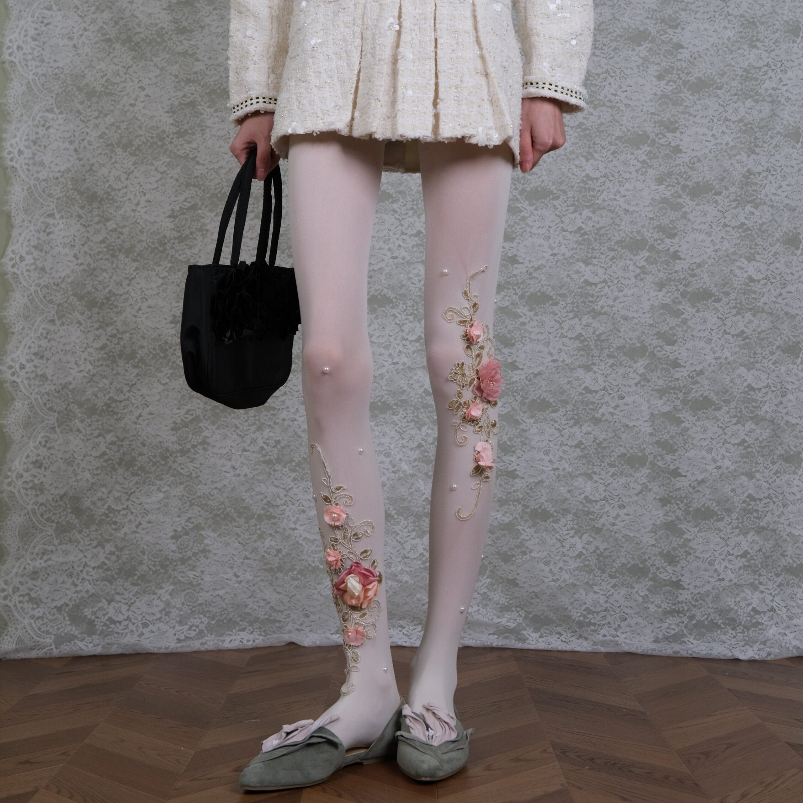 SHEER WHITE FLORAL EMBROIDERED TIGHTS, 3D PEARL BRIDAL HOSIERY
