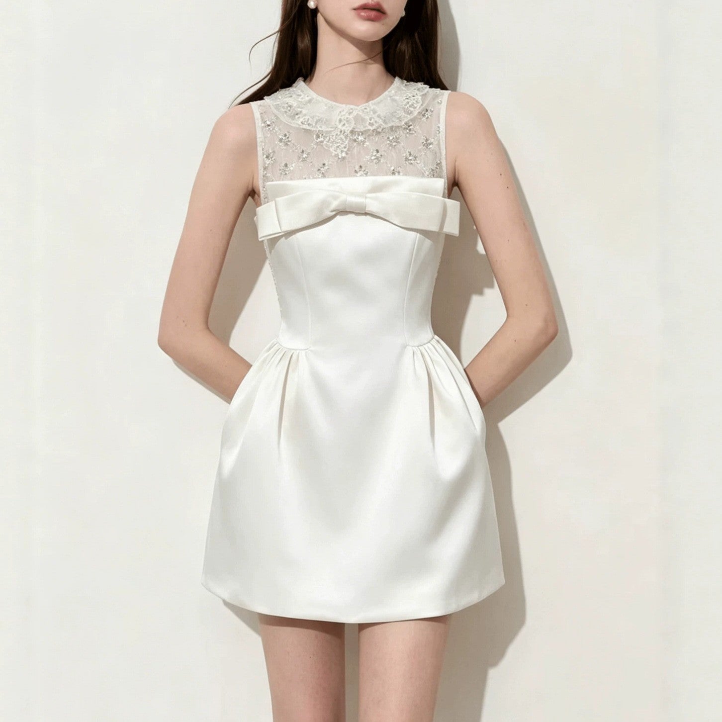 LACE RHINESTONE BOW SATIN A-LINE MINI DRESS