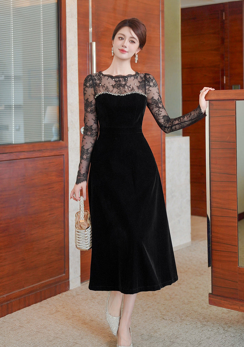 BLACK VELVET RHINESTONE MAXI DRESS WITH LACE SLEEVES