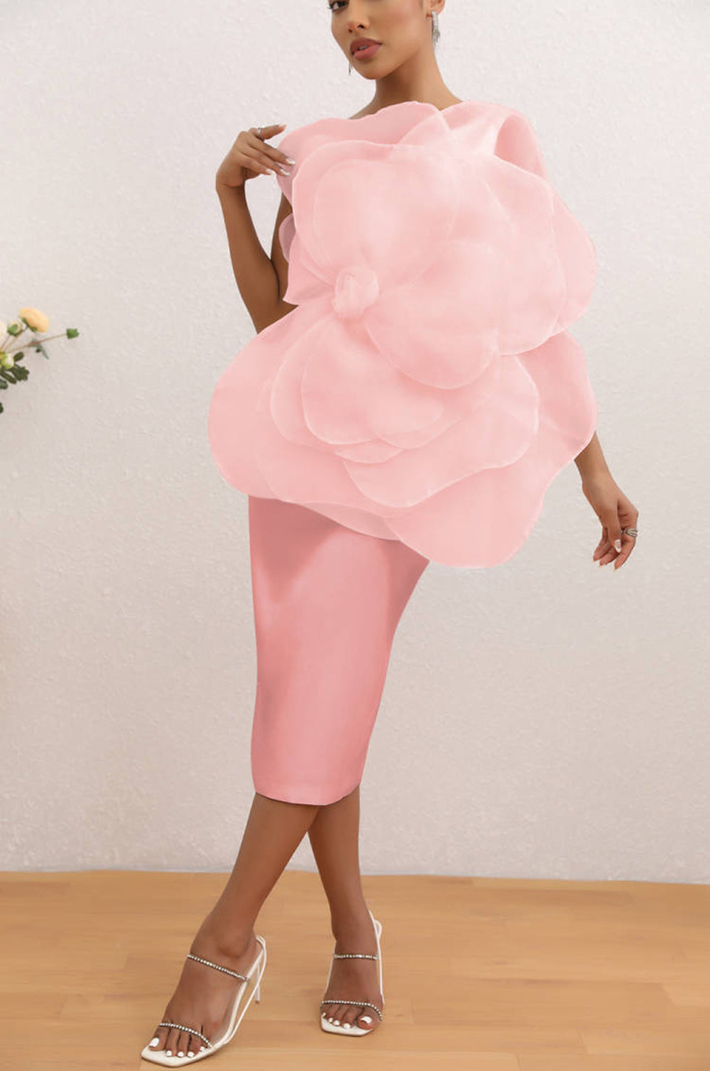PINK ONE SHOULDER MESH FLOWER MIDI DRESS