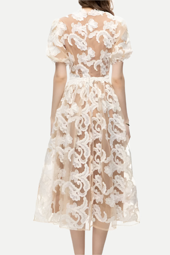 ALISA BEIGE PUFF SLEEVE EMBROIDERED MIDI DRESS