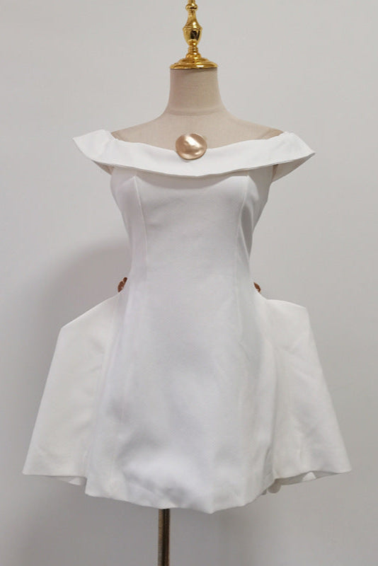 METAL A-LINE OFF-SHOULDER WHITE MINI DRESS