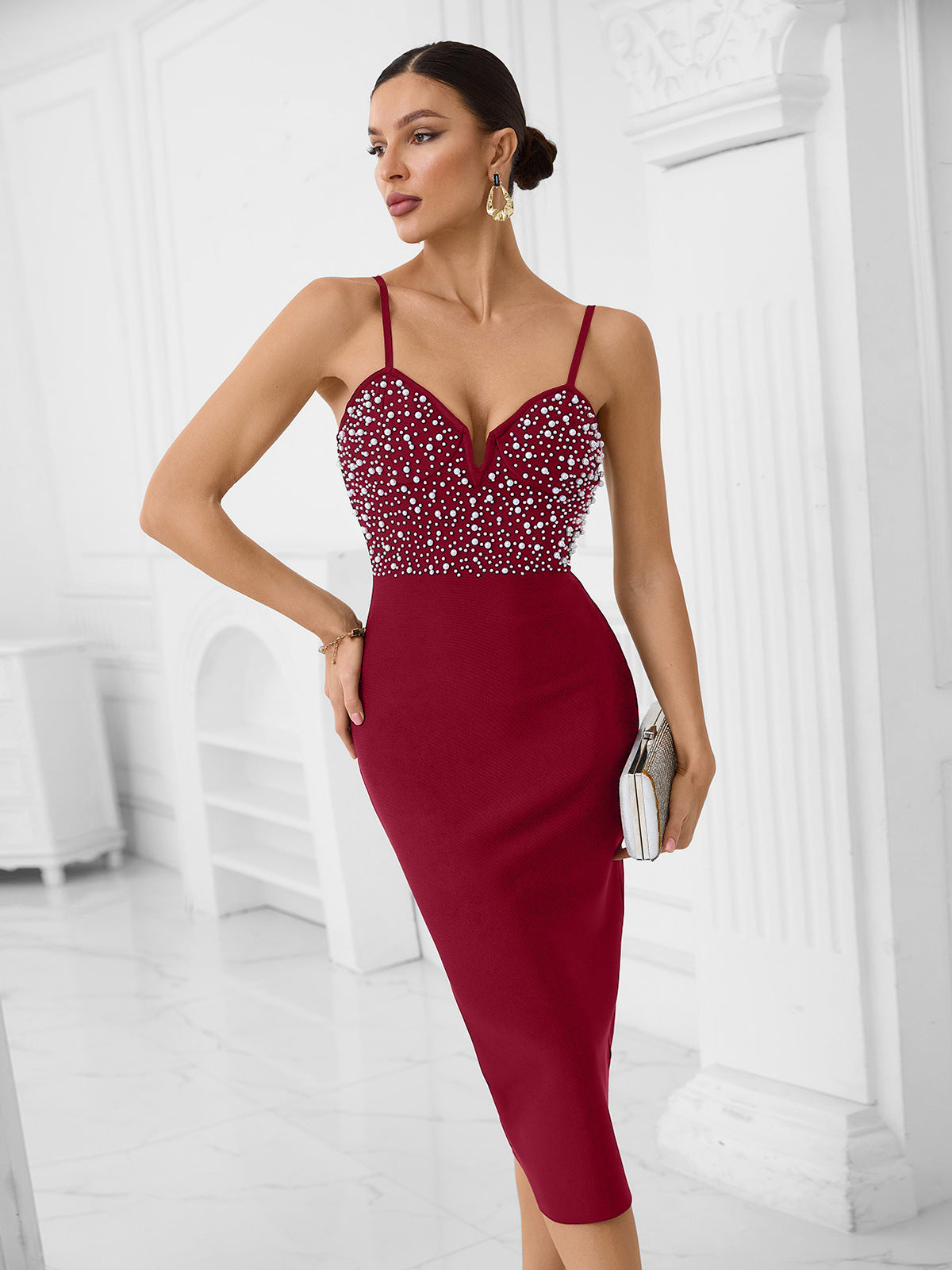 GUSTAVE BEADED BANDAGE MIDI DRESS FOR EVENING