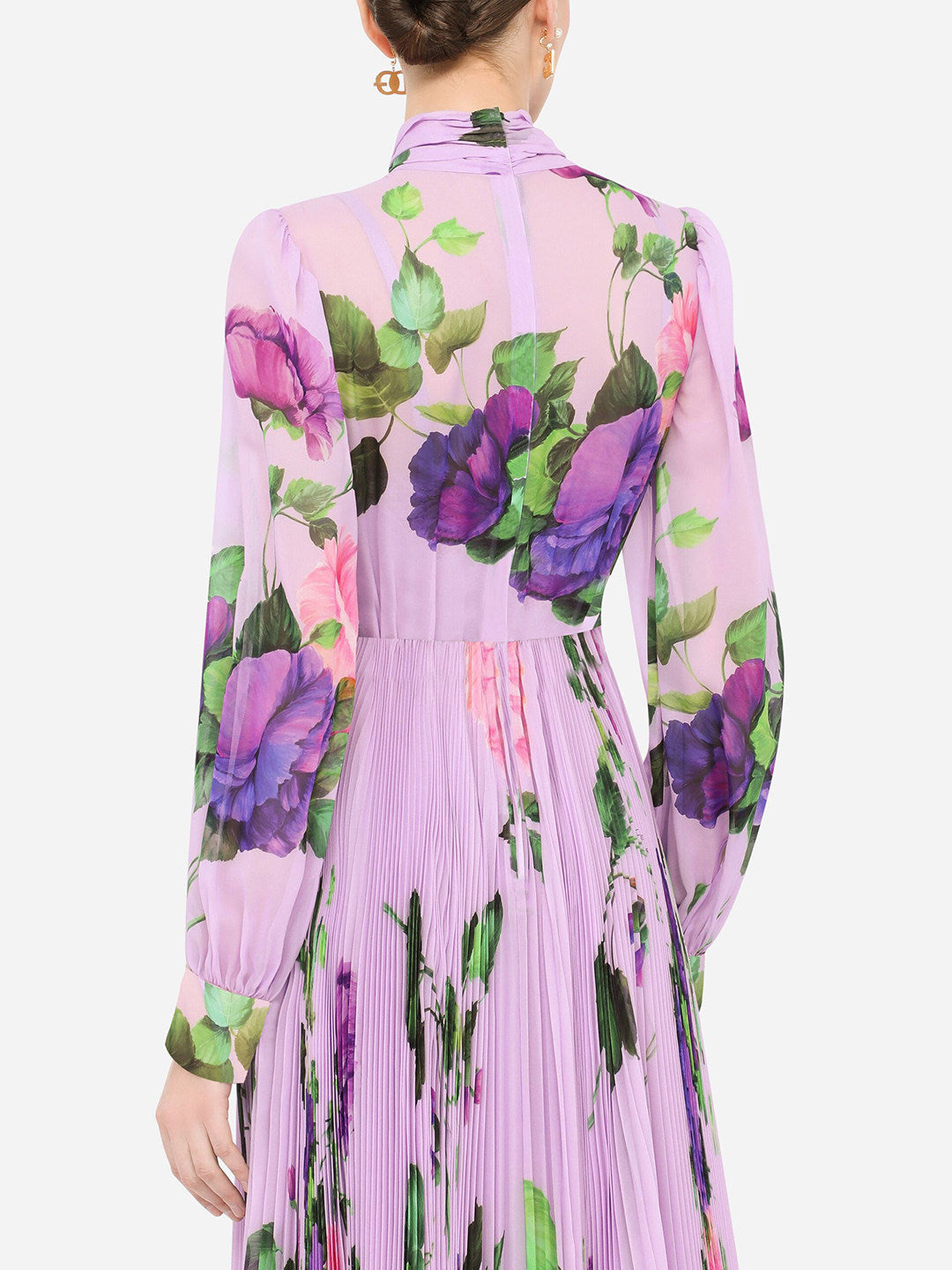 PURPLE FLORAL LONG SLEEVE PLEATED DRESS FOR WEDDING
