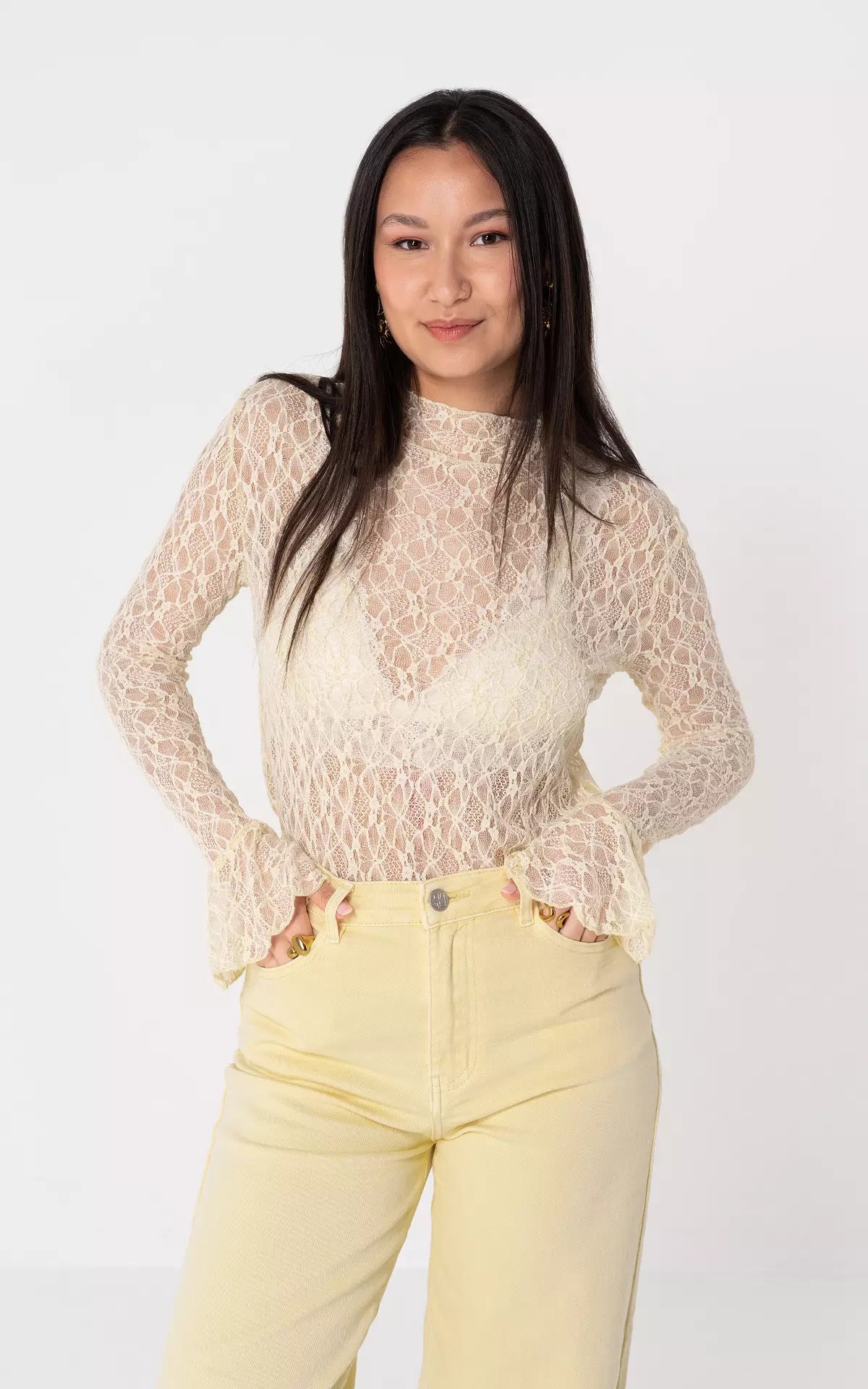 LACE LONG SLEEVE SHEER CUT-OUT TOP