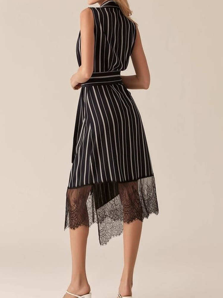 SLEEVELESS STRIPED BLAZER MIDI DRESS WITH LACE TRIM
