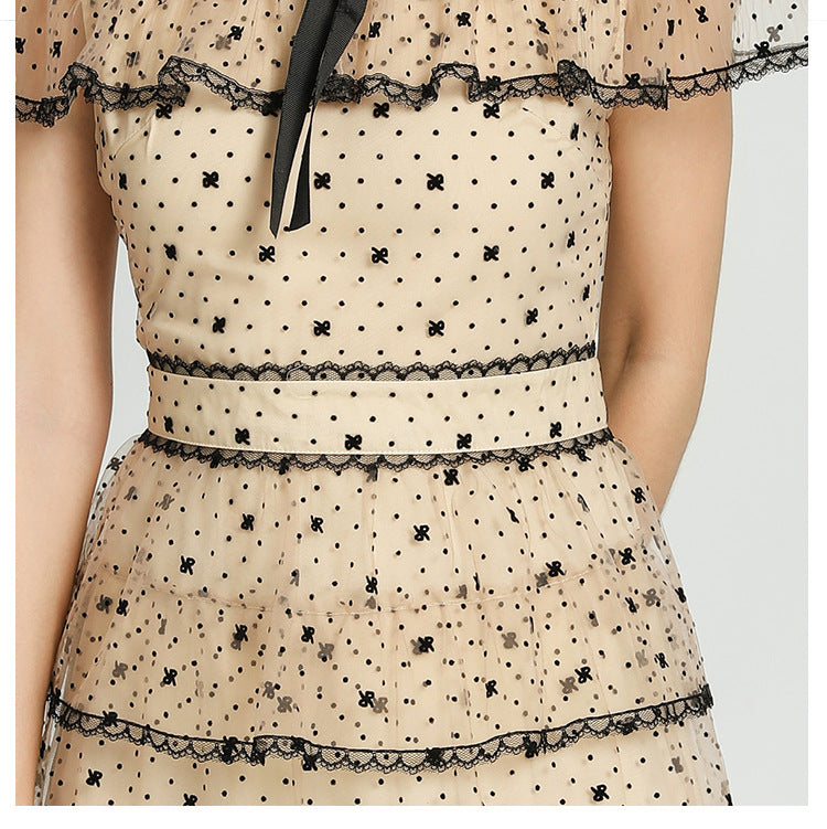 FLORAL EMBROIDERY PLEATED MESH MIDI DRESS APRICOT
