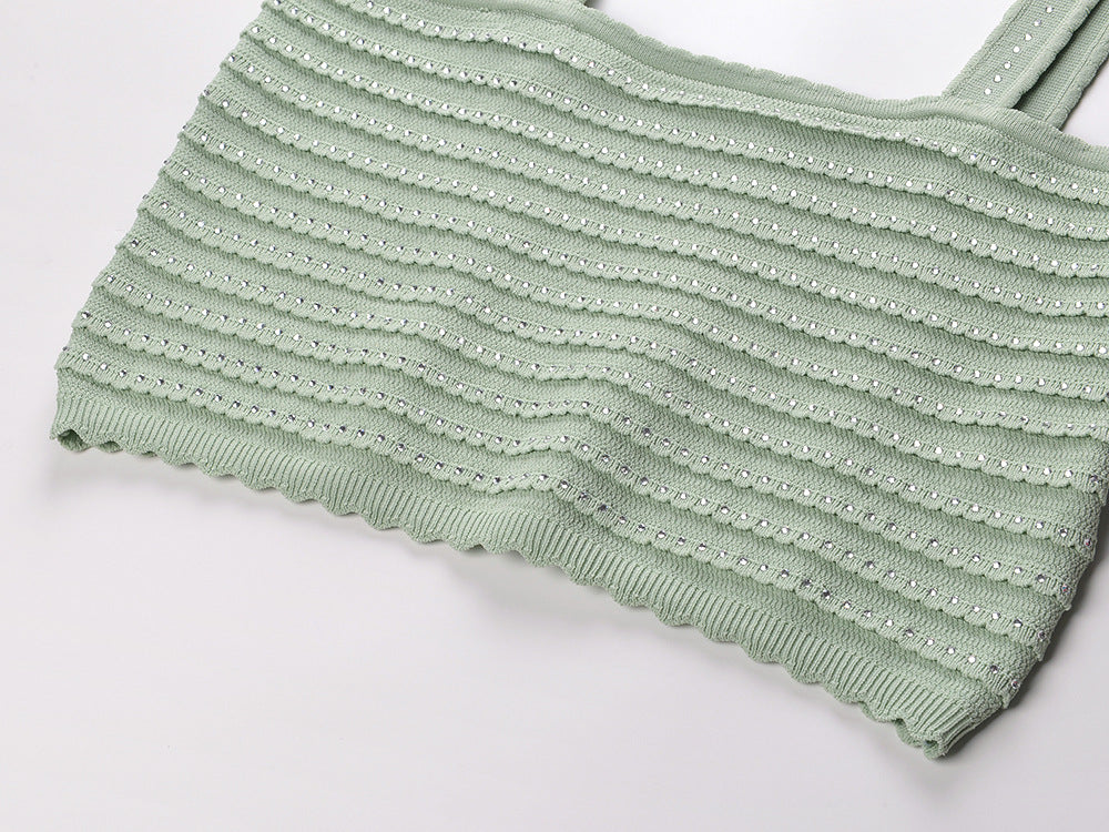RHINESTONE TRIM KNIT CROP TOP ALMOND GREEN