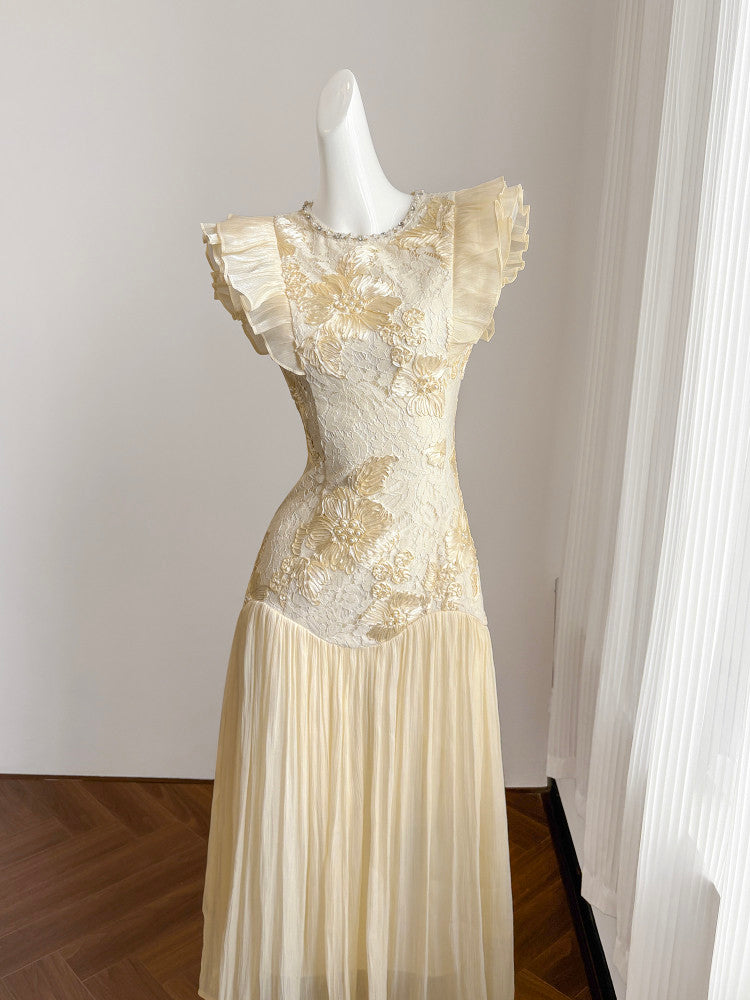 CREAM LACE MAXI DRESS WITH RUFFLED SLEEVES