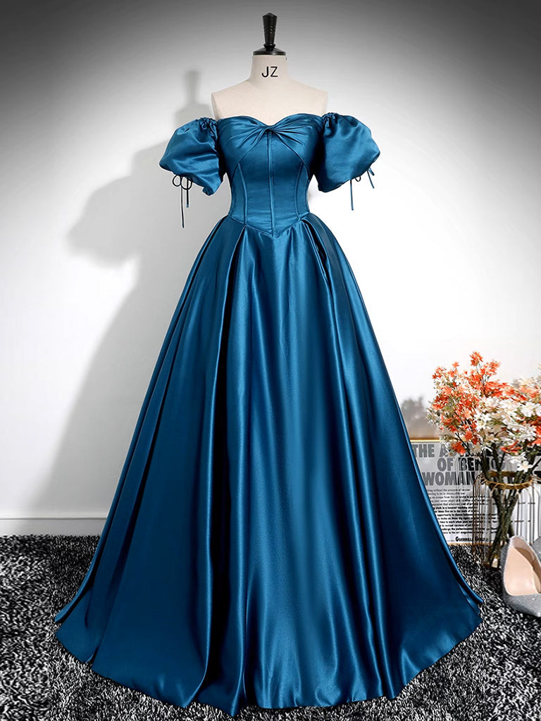 O1CN01sjGTZ61S8Z36HUtoQ__70392202_jpg A-LINE PUFF SLEEVE SATIN PEACOCK BLUE PROM DRESS