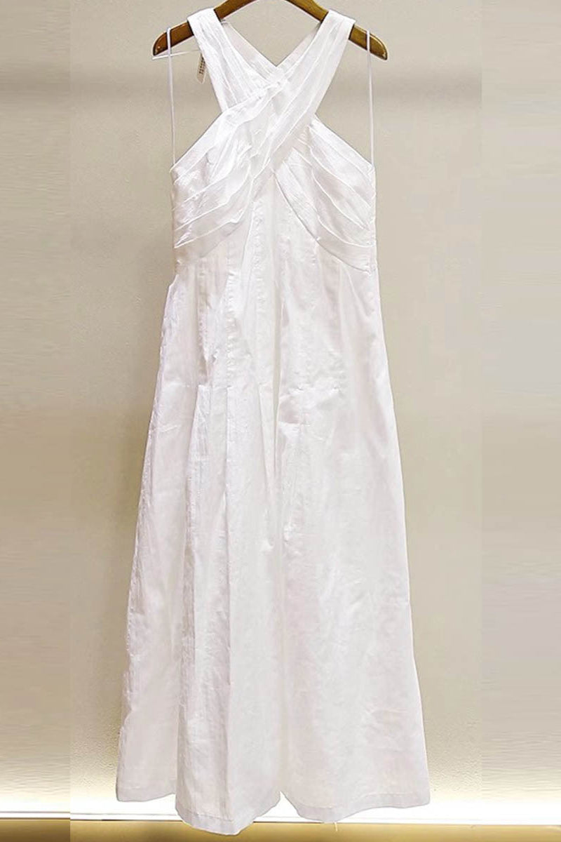 HIGH CROSSOVER V-NECK PLEATED MAXI DRESS WHITE
