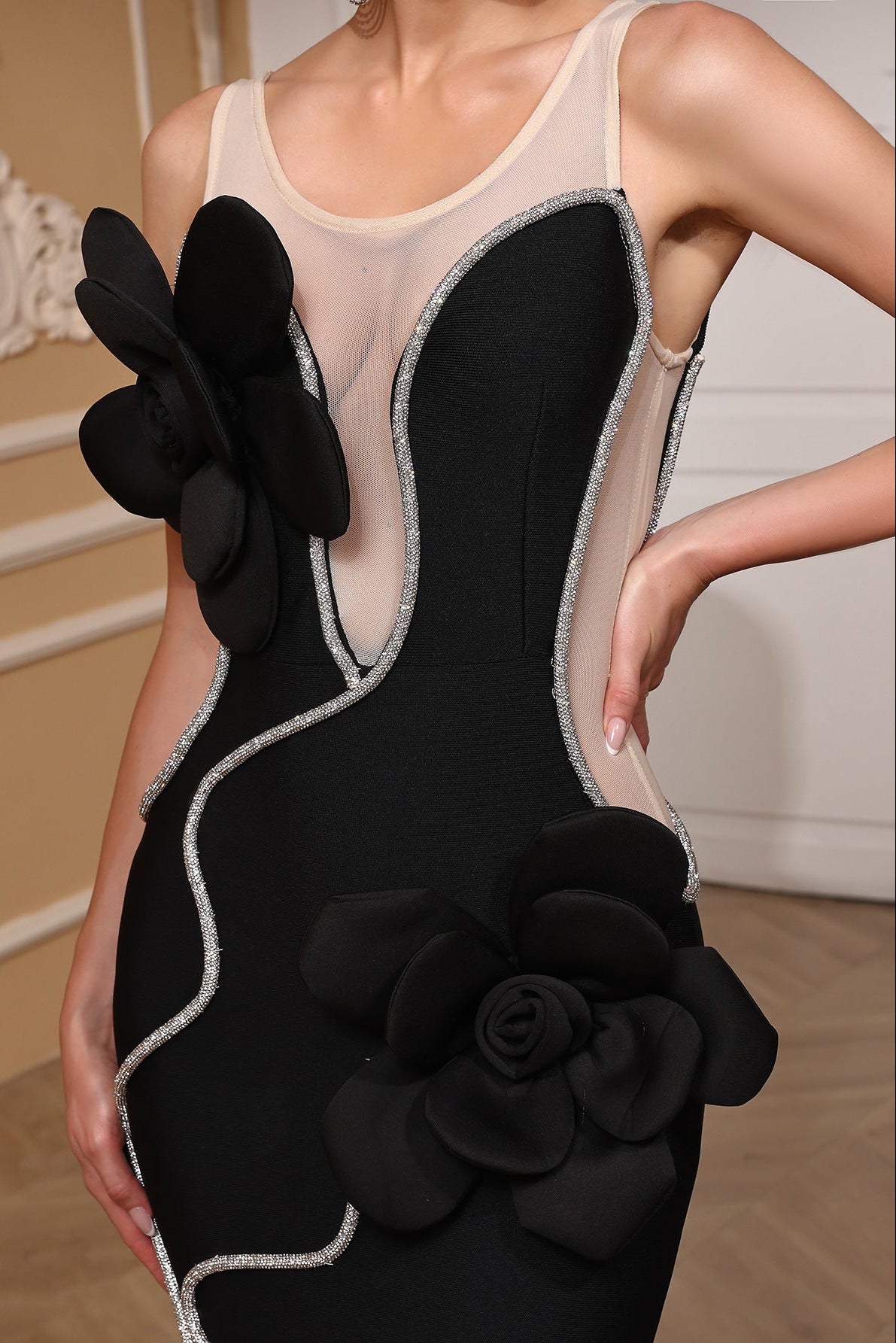 GLITTERING 3D FLOWER BANDAGE MAXI DRESS, BLACK