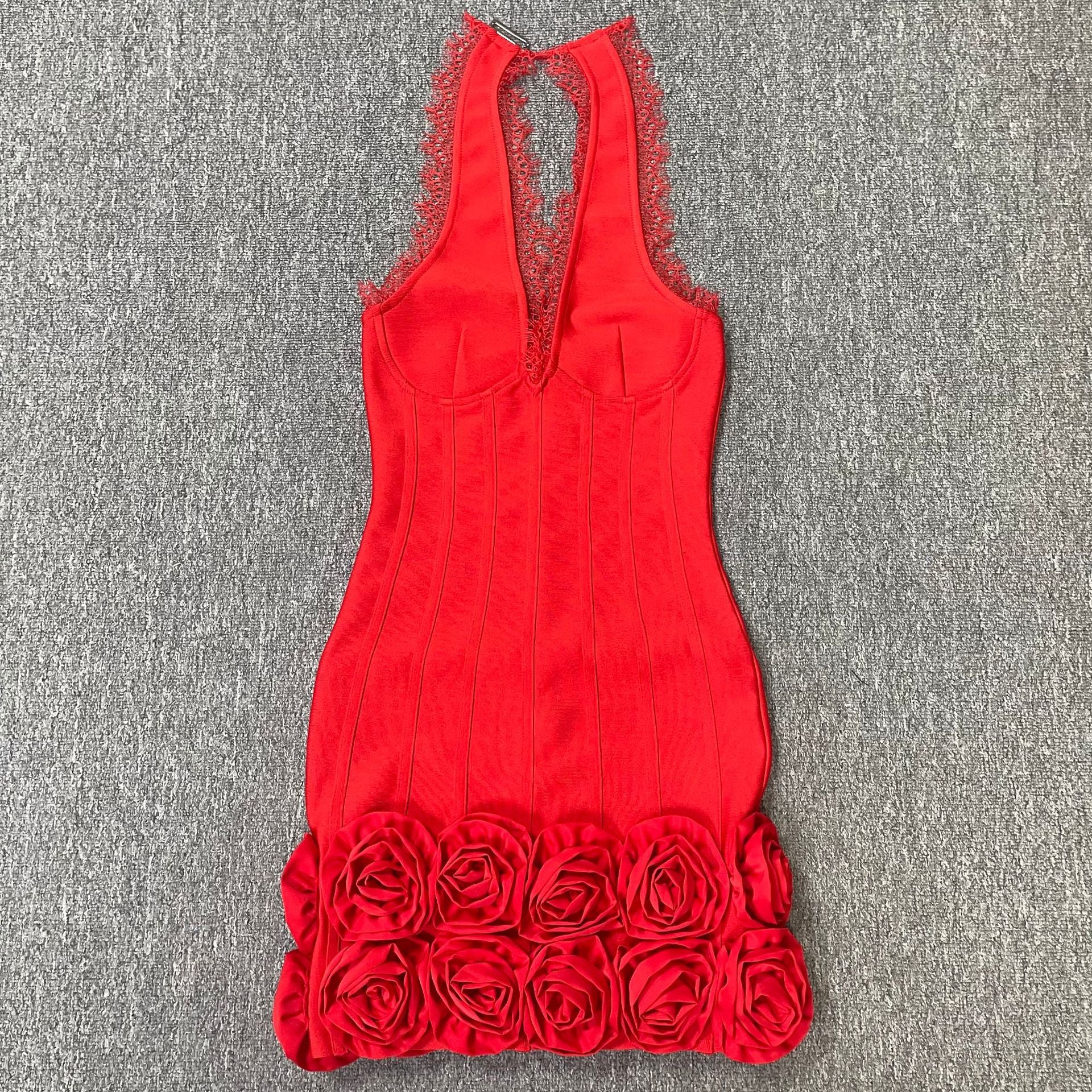 RED HALTER BANDAGE MINI DRESS FOR PARTY