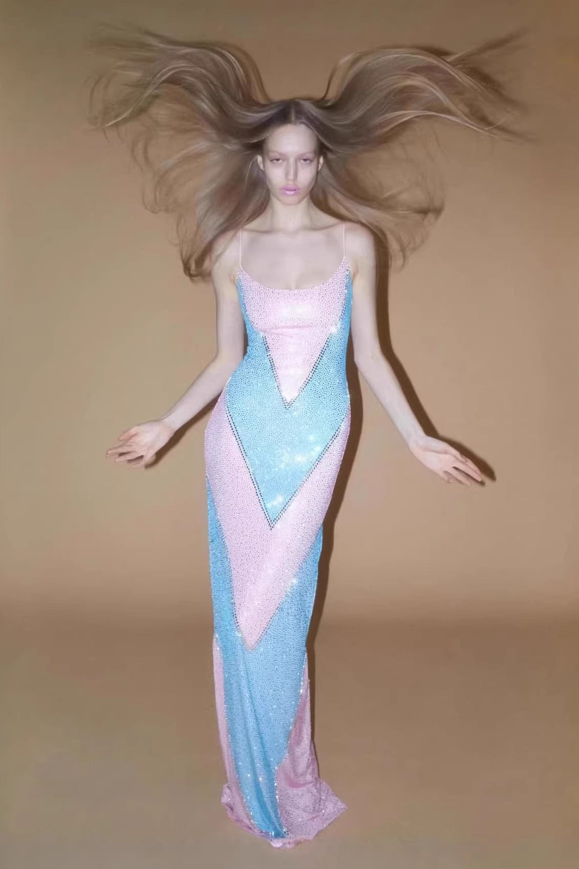 SHIMMERY RHINESTONE BODYCON MAXI DRESS - PARTY BLUE PINK