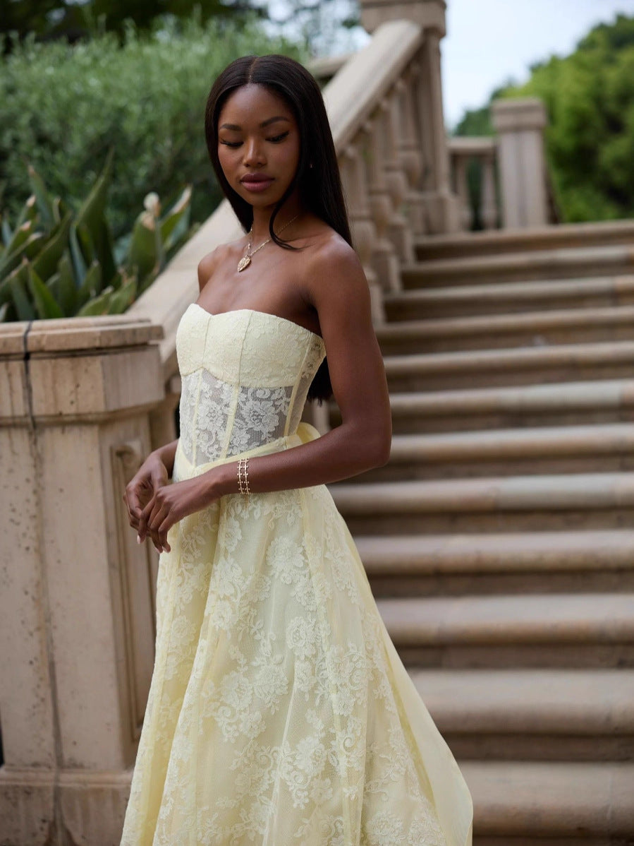 AMANDA YELLOW SEXY BACKLESS WRAP DRESS FOR PARTY