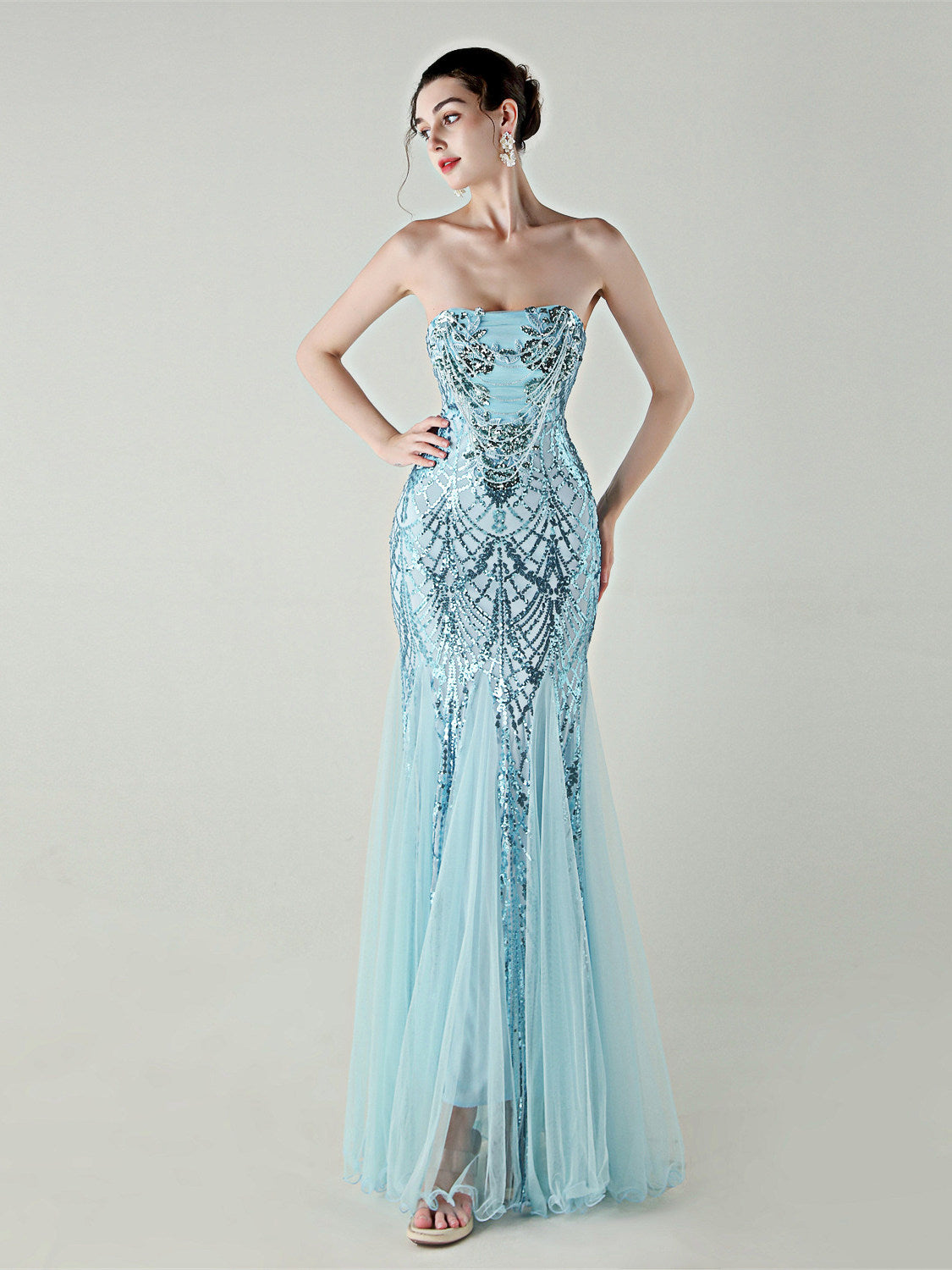 SEQUIN STRAPLESS TULLE MAXI DRESS FOR PARTY
